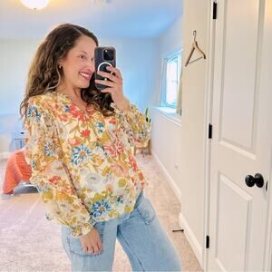 Tuckernuck Sugarlips Cream Pink Blue Floral Ruffled Blouse Top Small